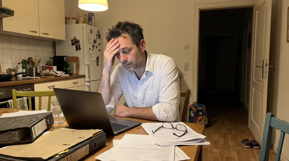 Ein Makler sitzt spätabends erschöpft am Küchentisch zwischen Unterlagen