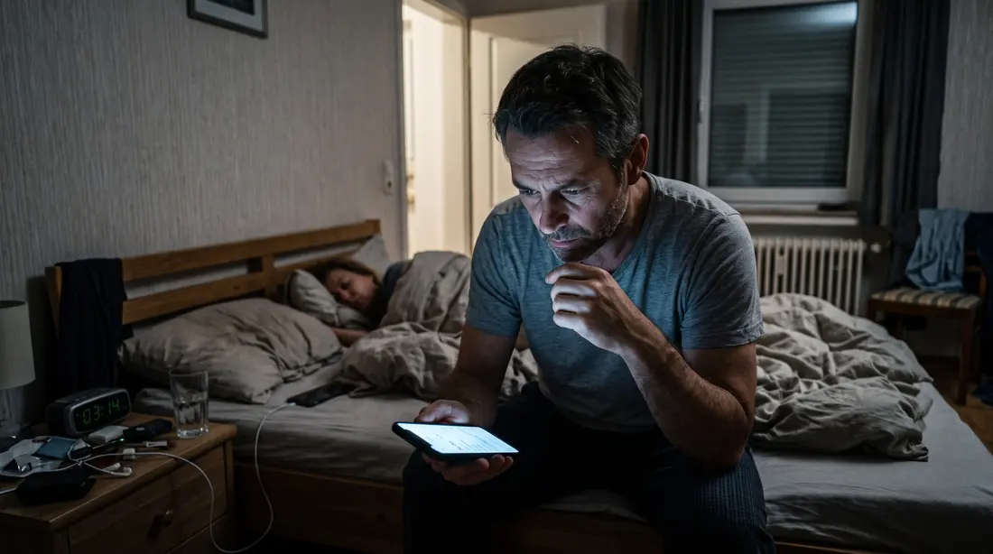 Ein Makler sitzt nachts auf der Bettkante und schaut auf sein Handy