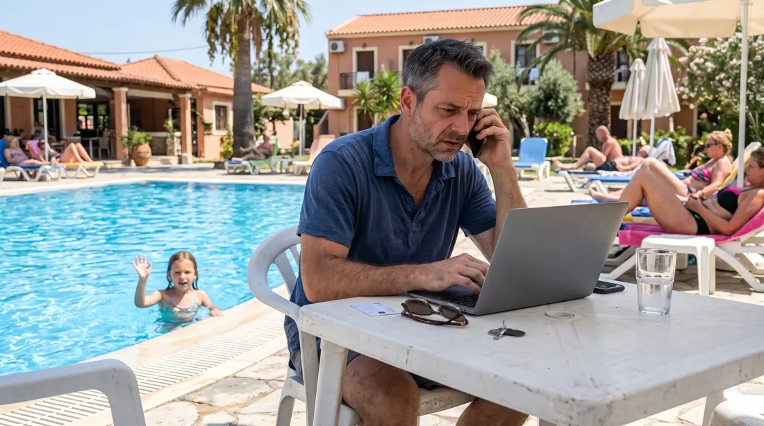 Ein Makler telefoniert im Urlaub am Pool, seine Tochter winkt aus dem Wasser